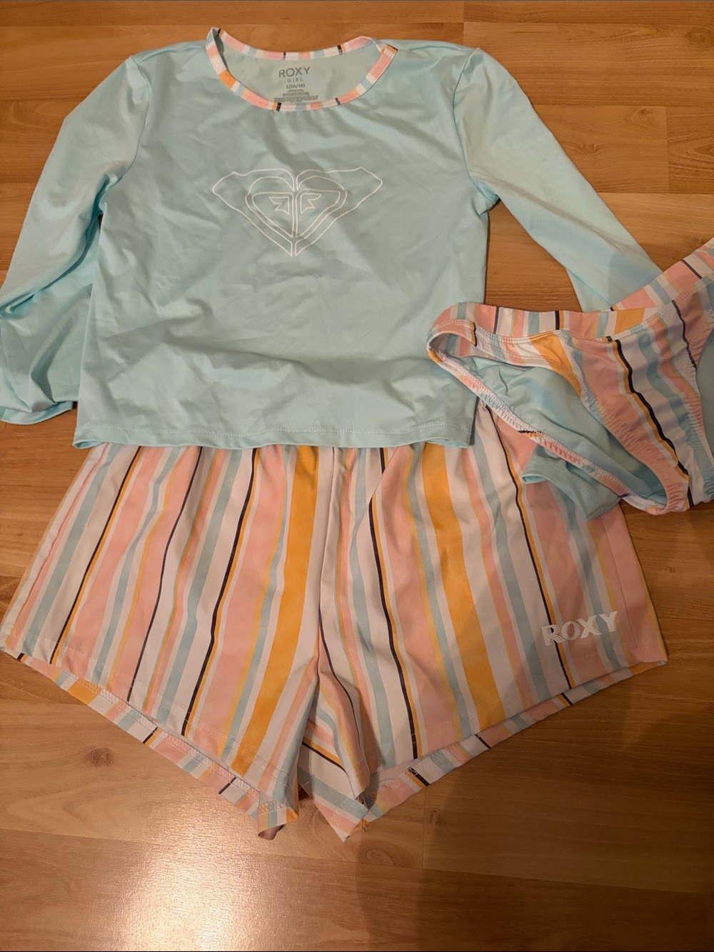 3 pc swim set Roxy Pastel Mint Long-Sleeve Top with Striped Bikini and Shorts